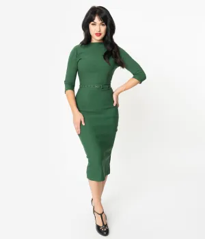 Unique Vintage 1940s Style Green Stretch Sleeved Adelia Wiggle Dress