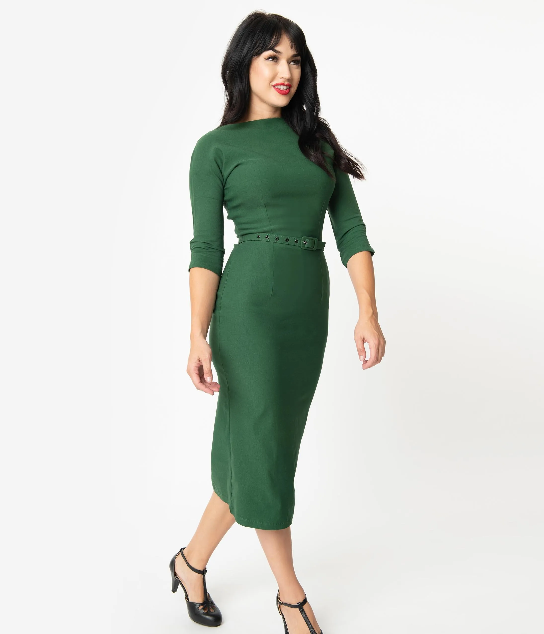 Unique Vintage 1940s Style Green Stretch Sleeved Adelia Wiggle Dress