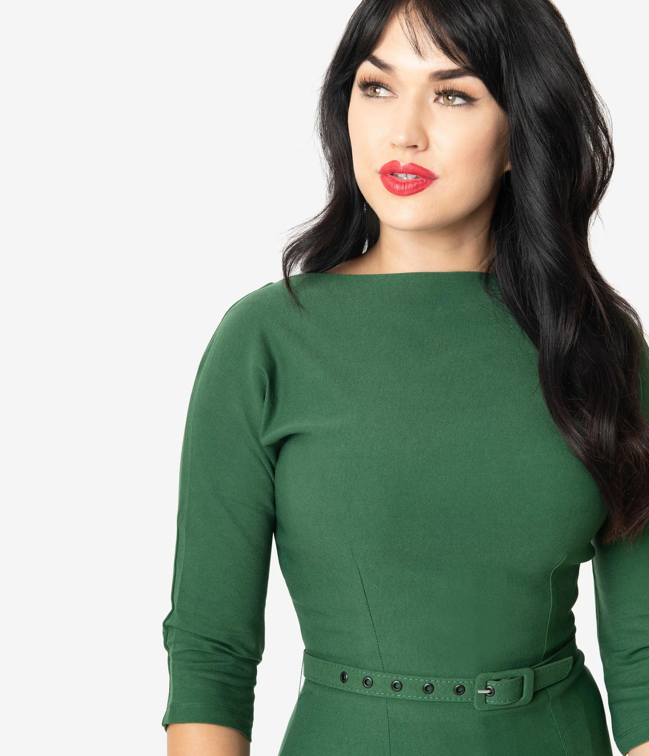 Unique Vintage 1940s Style Green Stretch Sleeved Adelia Wiggle Dress