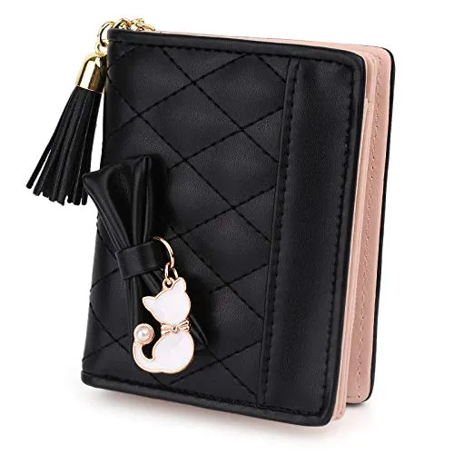 UTO Women PU Leather Small Wallet Cat Pendant Card Phone Holder Zipper Coin Purse Zoey Black