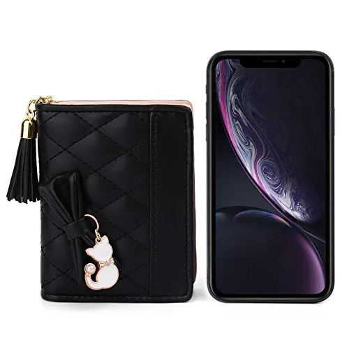 UTO Women PU Leather Small Wallet Cat Pendant Card Phone Holder Zipper Coin Purse Zoey Black