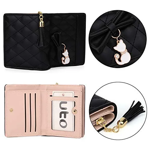 UTO Women PU Leather Small Wallet Cat Pendant Card Phone Holder Zipper Coin Purse Zoey Black