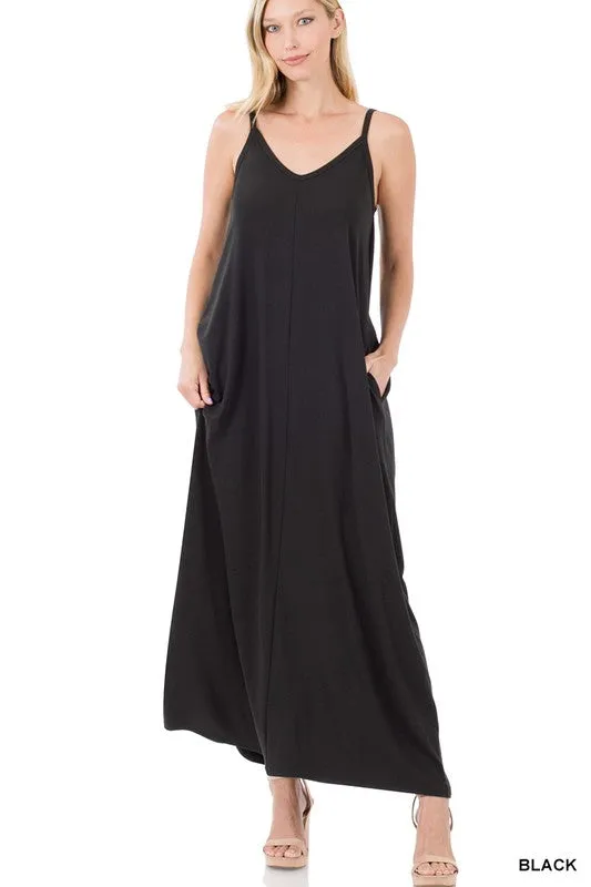 V NECK CAMI MAXI DRESS WITH SIDE POCKETS