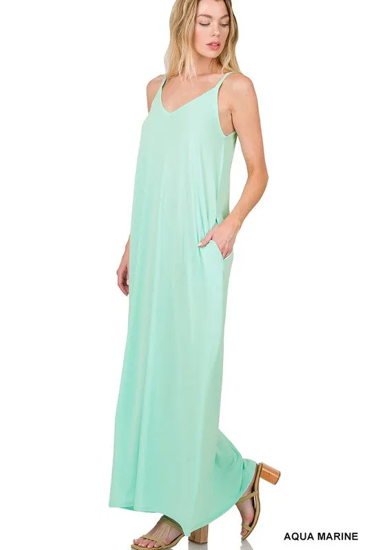 V NECK CAMI MAXI DRESS WITH SIDE POCKETS