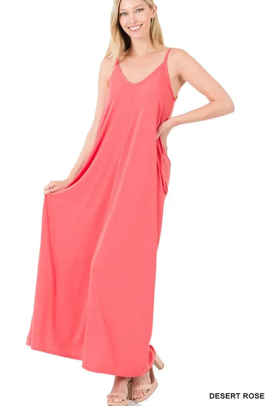 V NECK CAMI MAXI DRESS WITH SIDE POCKETS