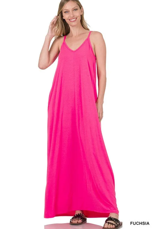 V NECK CAMI MAXI DRESS WITH SIDE POCKETS