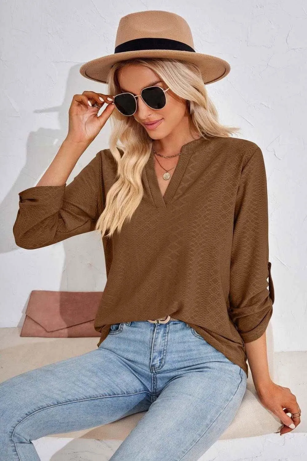 V-Neck Roll-Tap Sleeve Blouse for Casual Style