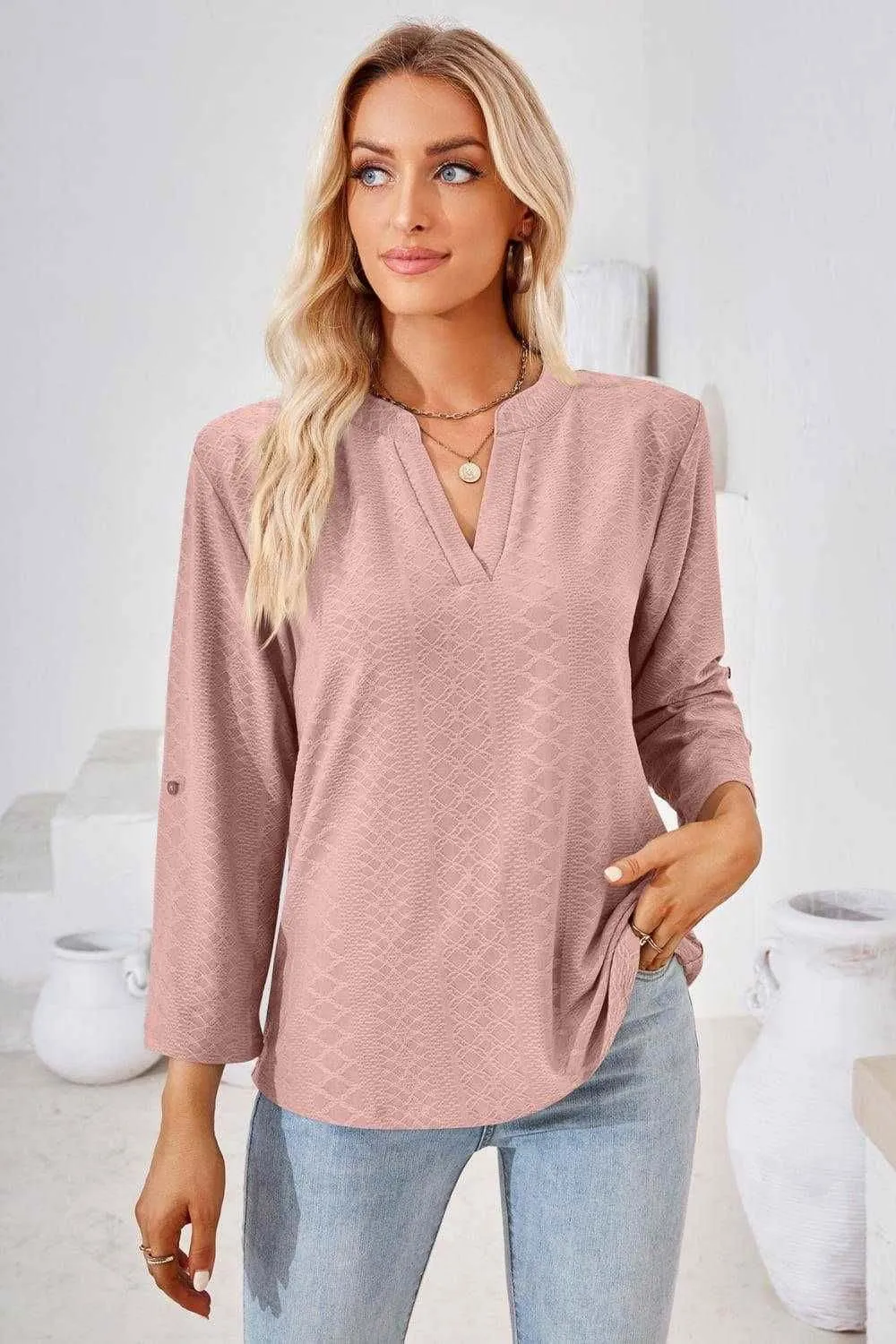 V-Neck Roll-Tap Sleeve Blouse for Casual Style