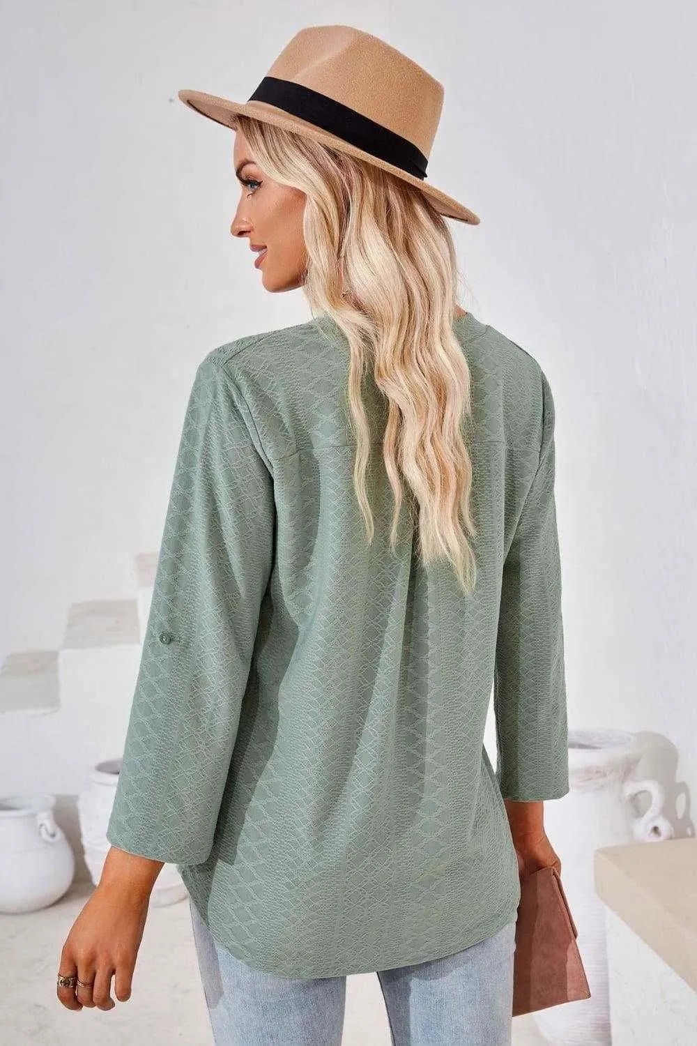 V-Neck Roll-Tap Sleeve Blouse for Casual Style