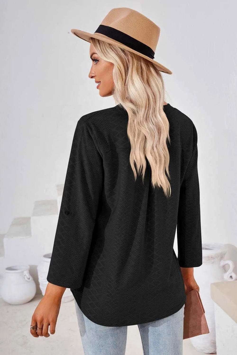 V-Neck Roll-Tap Sleeve Blouse for Casual Style