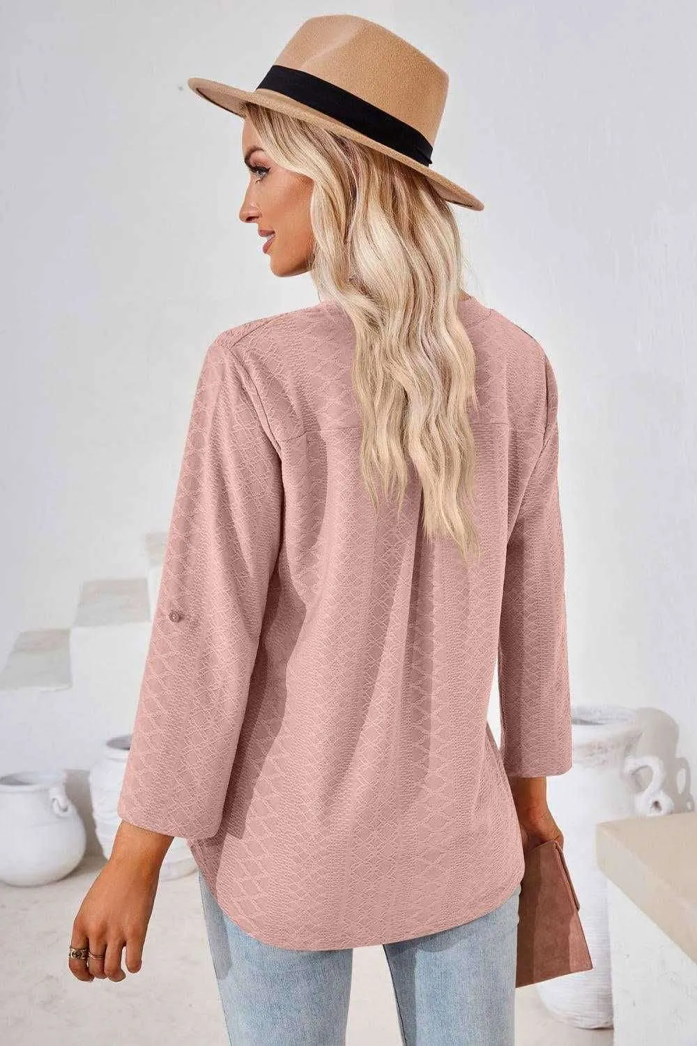 V-Neck Roll-Tap Sleeve Blouse for Casual Style