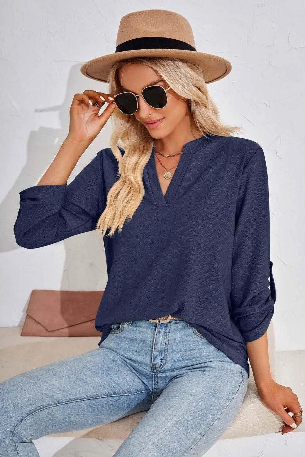 V-Neck Roll-Tap Sleeve Blouse for Casual Style