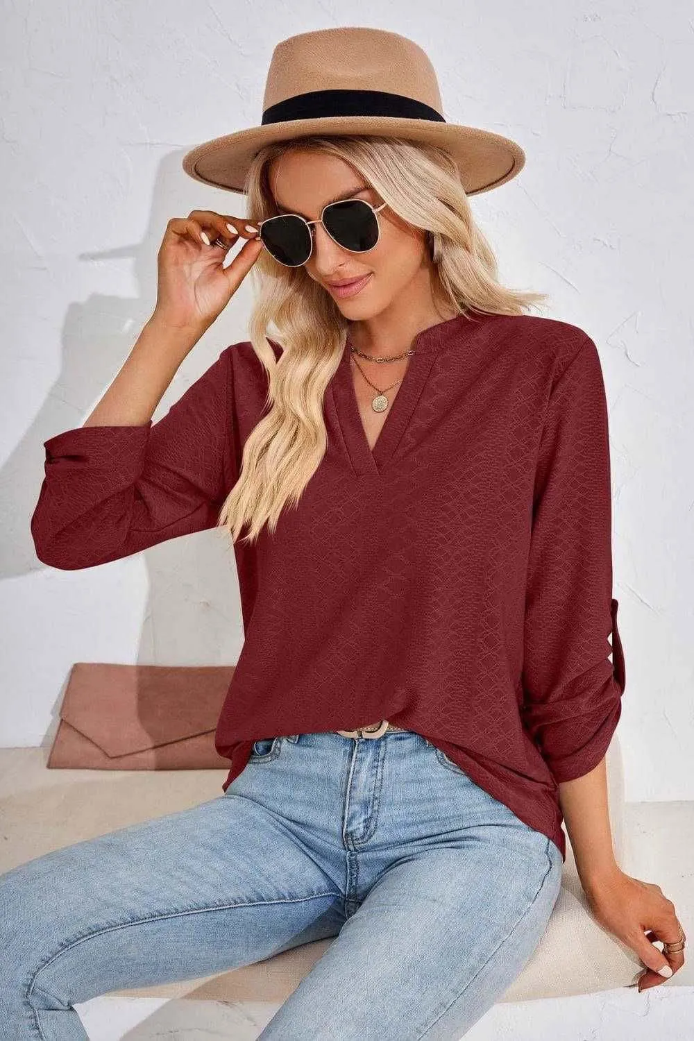 V-Neck Roll-Tap Sleeve Blouse for Casual Style