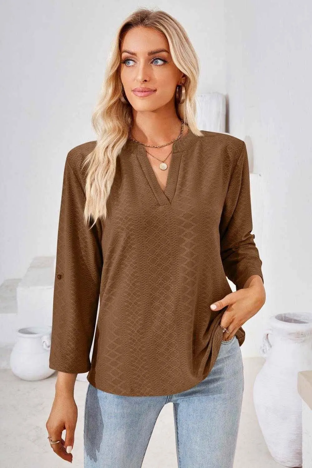 V-Neck Roll-Tap Sleeve Blouse for Casual Style