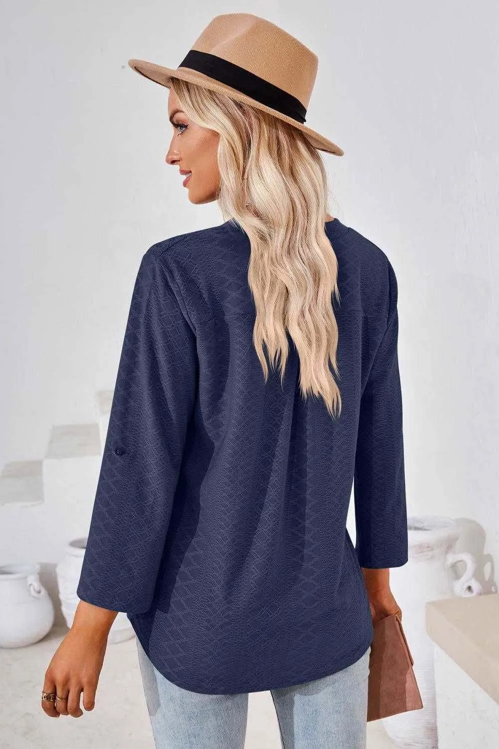 V-Neck Roll-Tap Sleeve Blouse for Casual Style