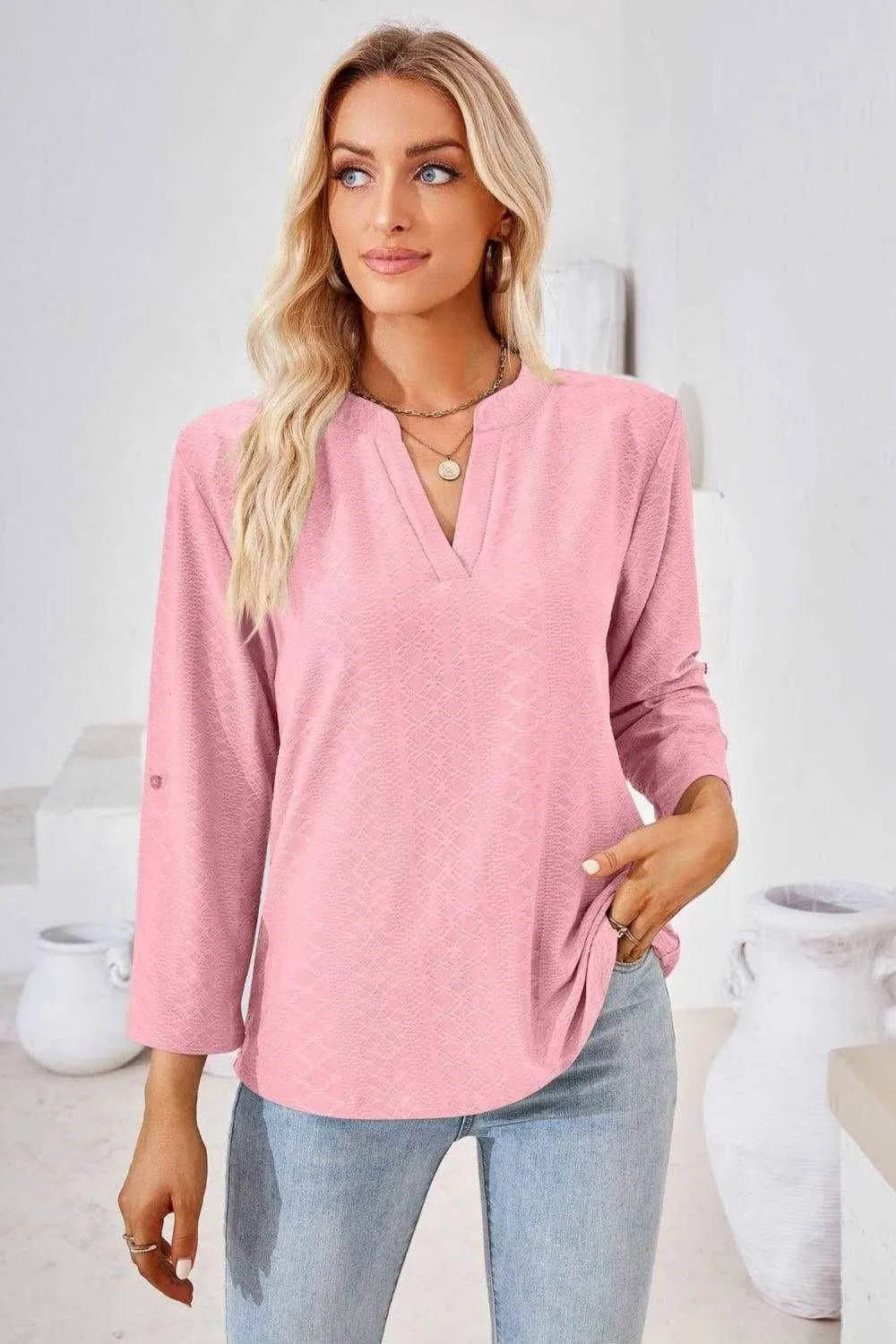 V-Neck Roll-Tap Sleeve Blouse for Casual Style