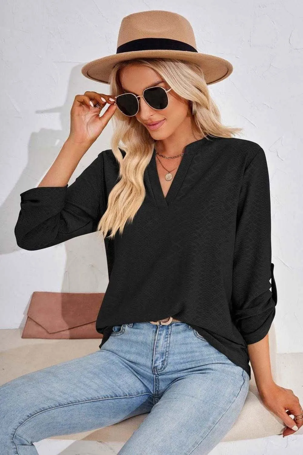 V-Neck Roll-Tap Sleeve Blouse for Casual Style