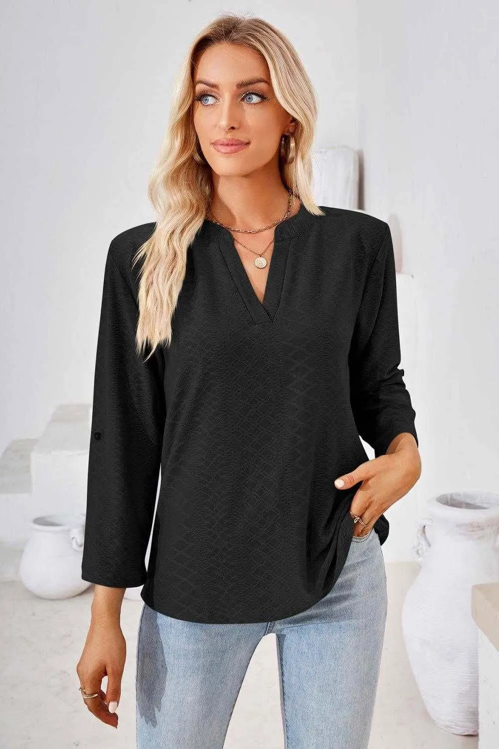 V-Neck Roll-Tap Sleeve Blouse for Casual Style