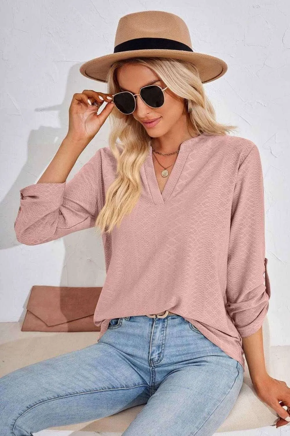 V-Neck Roll-Tap Sleeve Blouse for Casual Style