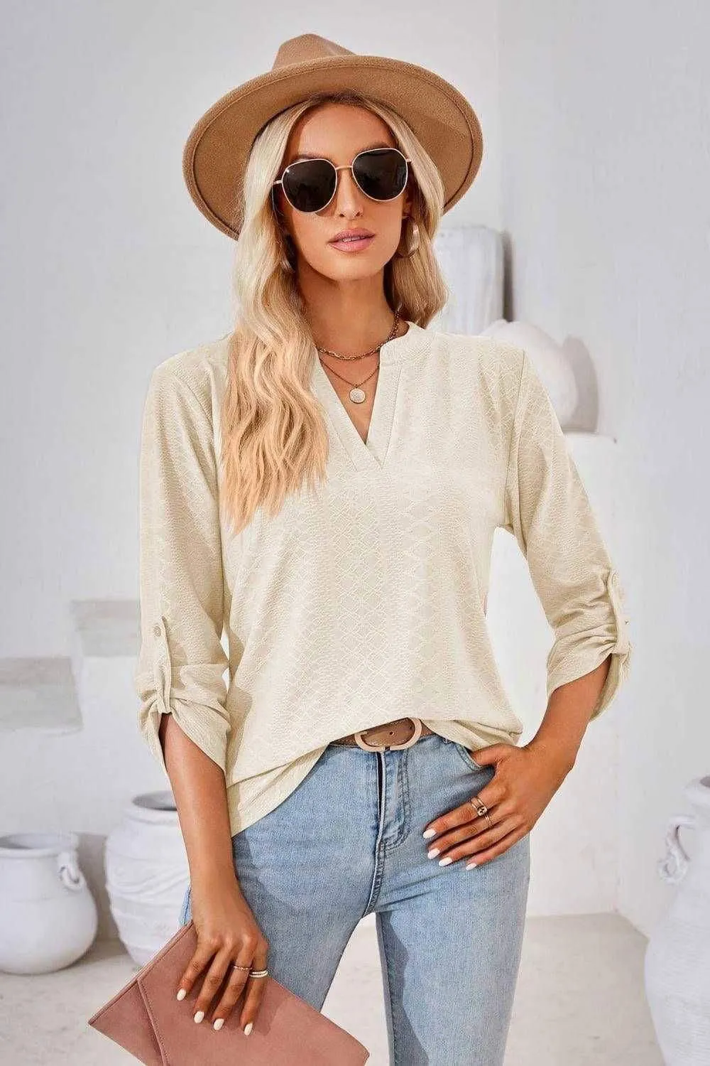 V-Neck Roll-Tap Sleeve Blouse for Casual Style