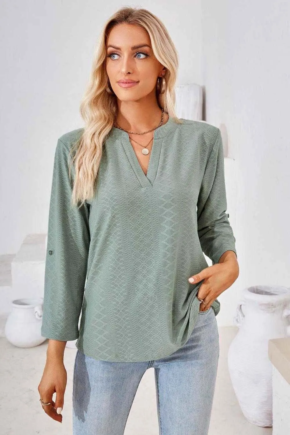 V-Neck Roll-Tap Sleeve Blouse for Casual Style