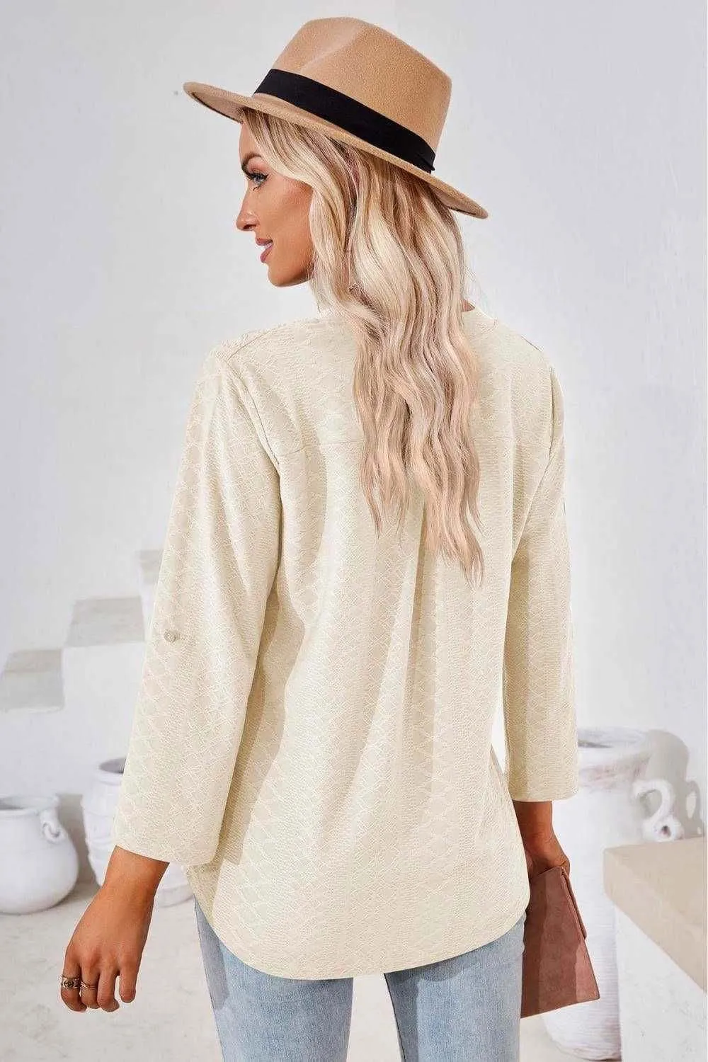 V-Neck Roll-Tap Sleeve Blouse for Casual Style