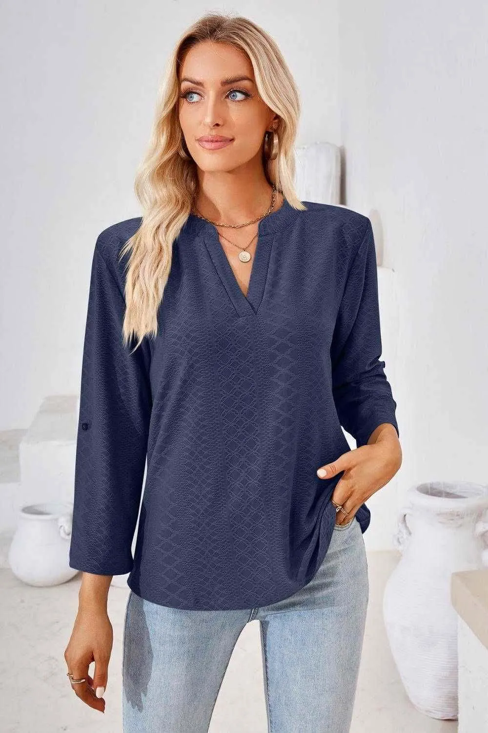 V-Neck Roll-Tap Sleeve Blouse for Casual Style