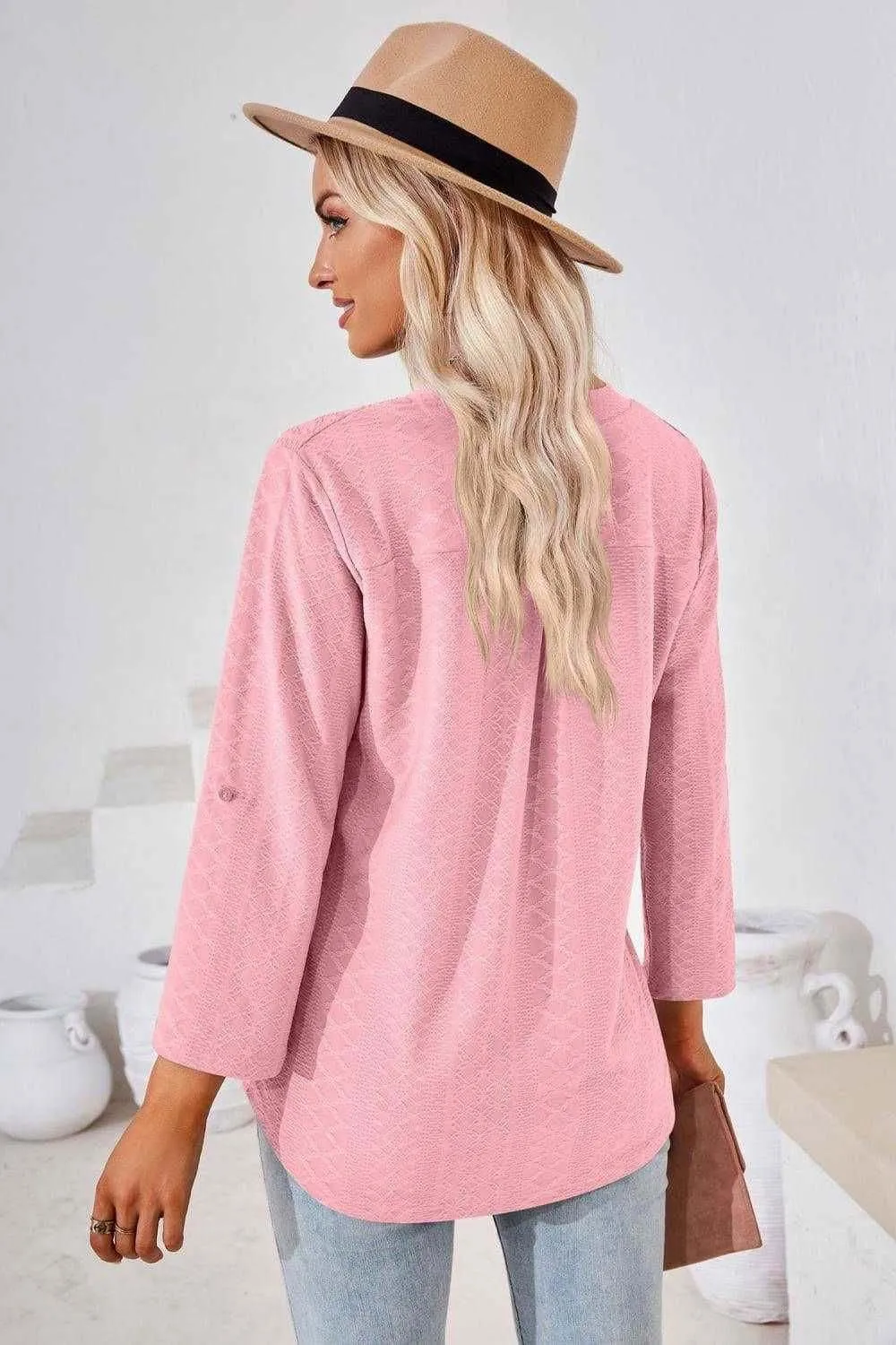 V-Neck Roll-Tap Sleeve Blouse for Casual Style