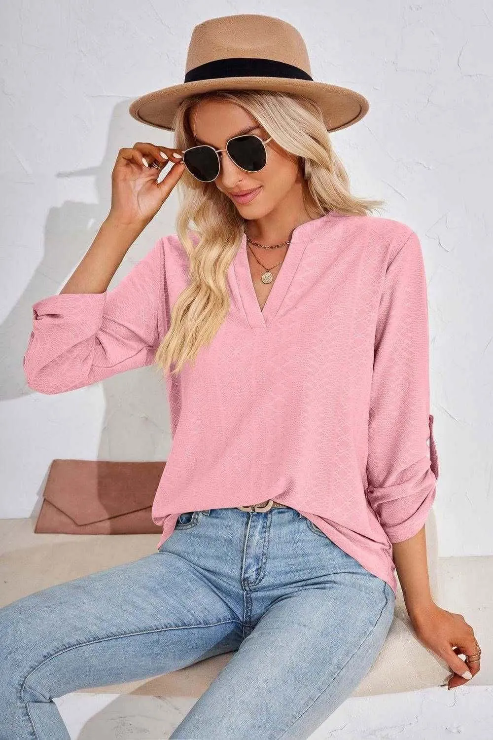 V-Neck Roll-Tap Sleeve Blouse for Casual Style