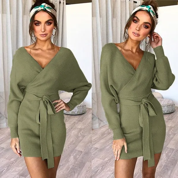 VenusFox Women Sexy Bodycon Slim Belted Cross Double V-neck knitted Backless Dress