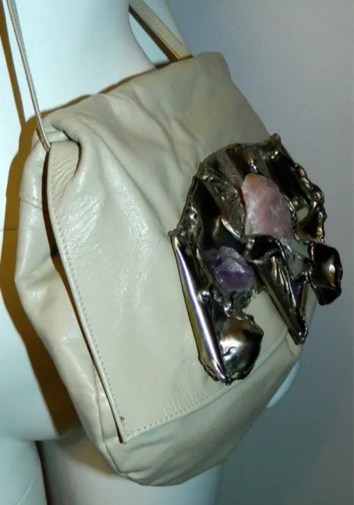 vintage 1970s purse Brutalist metal sculpture Copa Collection bag amethyst rose quartz silver