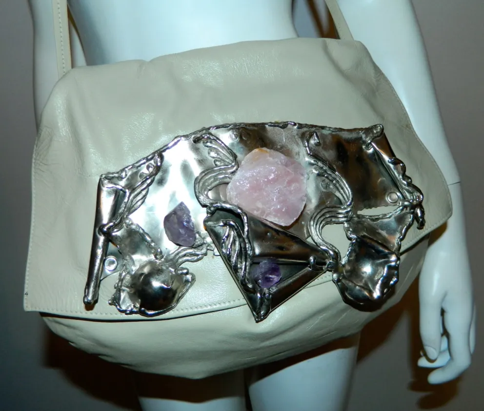 vintage 1970s purse Brutalist metal sculpture Copa Collection bag amethyst rose quartz silver