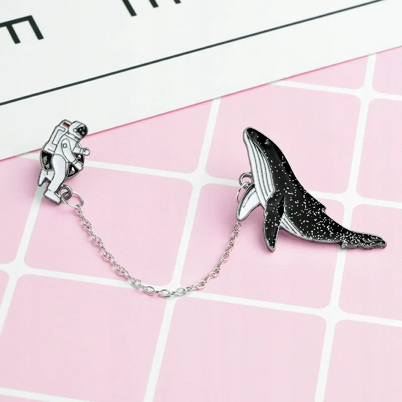 Whale and Cosmonaut on a Chain Set of 2 Enamel Pins