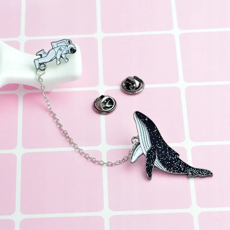 Whale and Cosmonaut on a Chain Set of 2 Enamel Pins