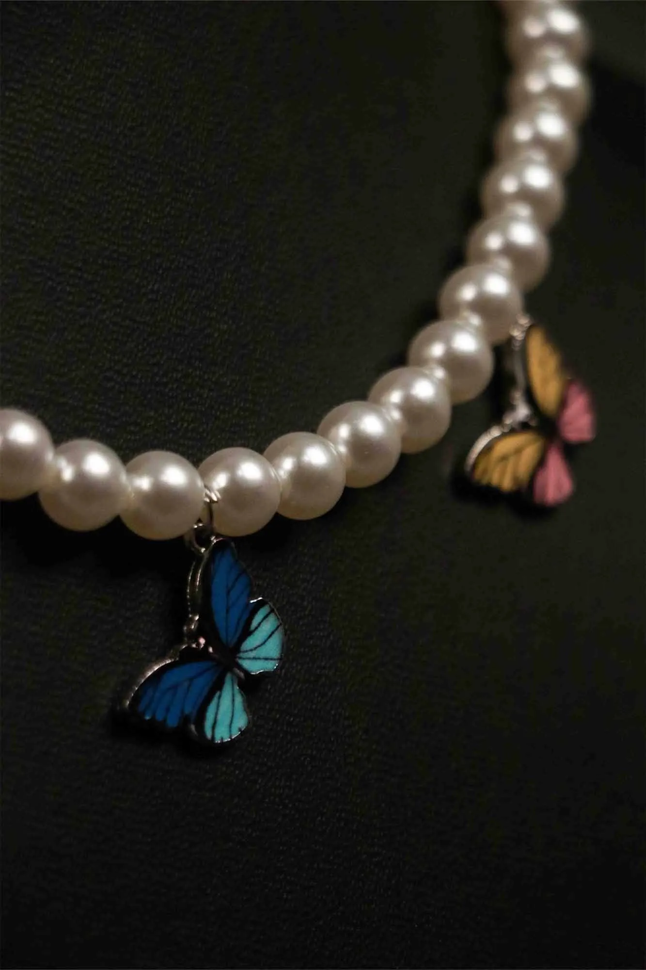 White Gold-Plated Pearl & Butterfly Chain Necklace