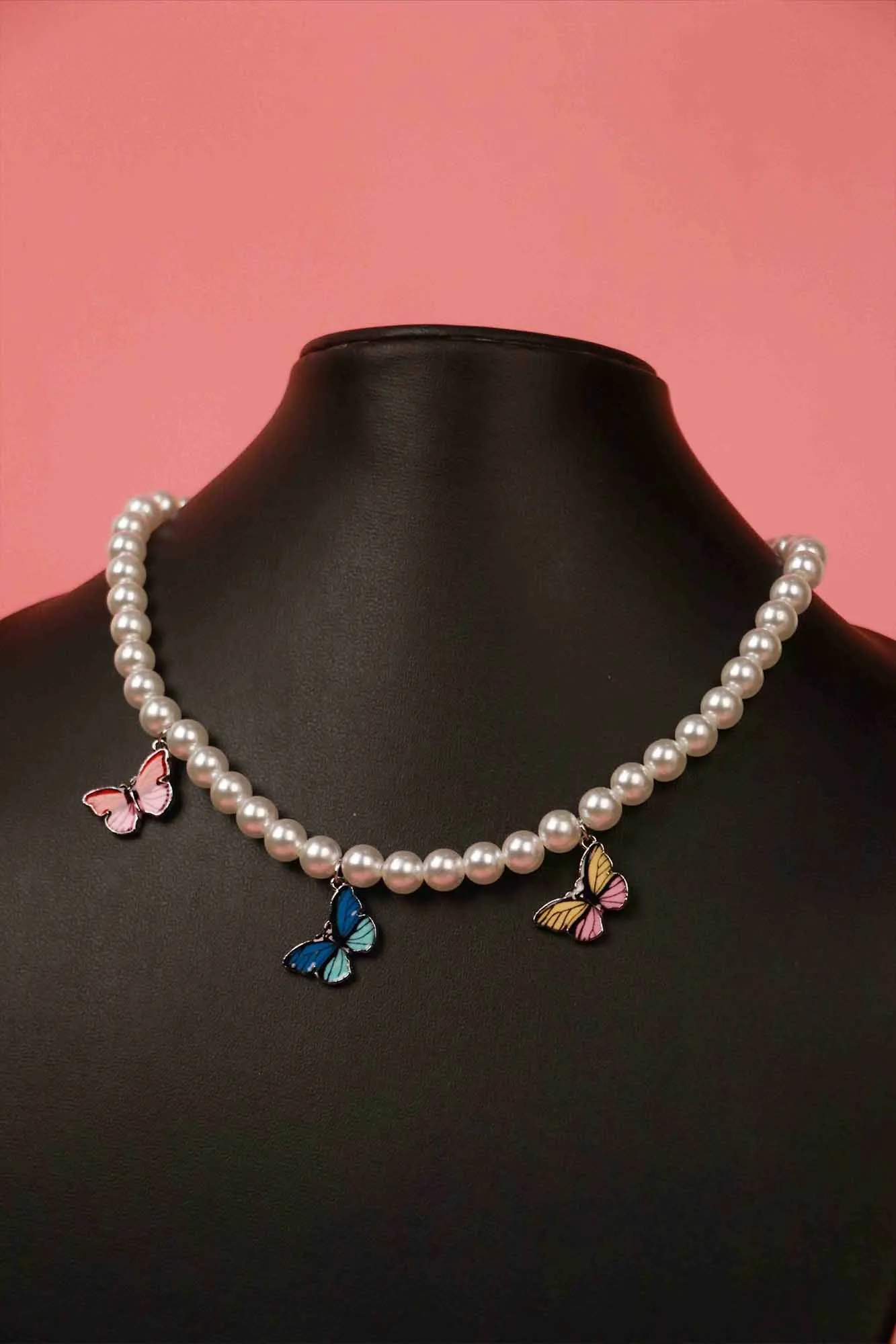 White Gold-Plated Pearl & Butterfly Chain Necklace