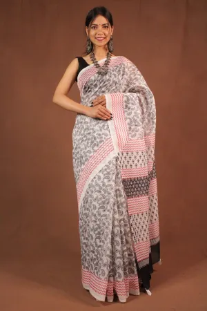 White Handblock cotton print Wrap in 1 minute saree