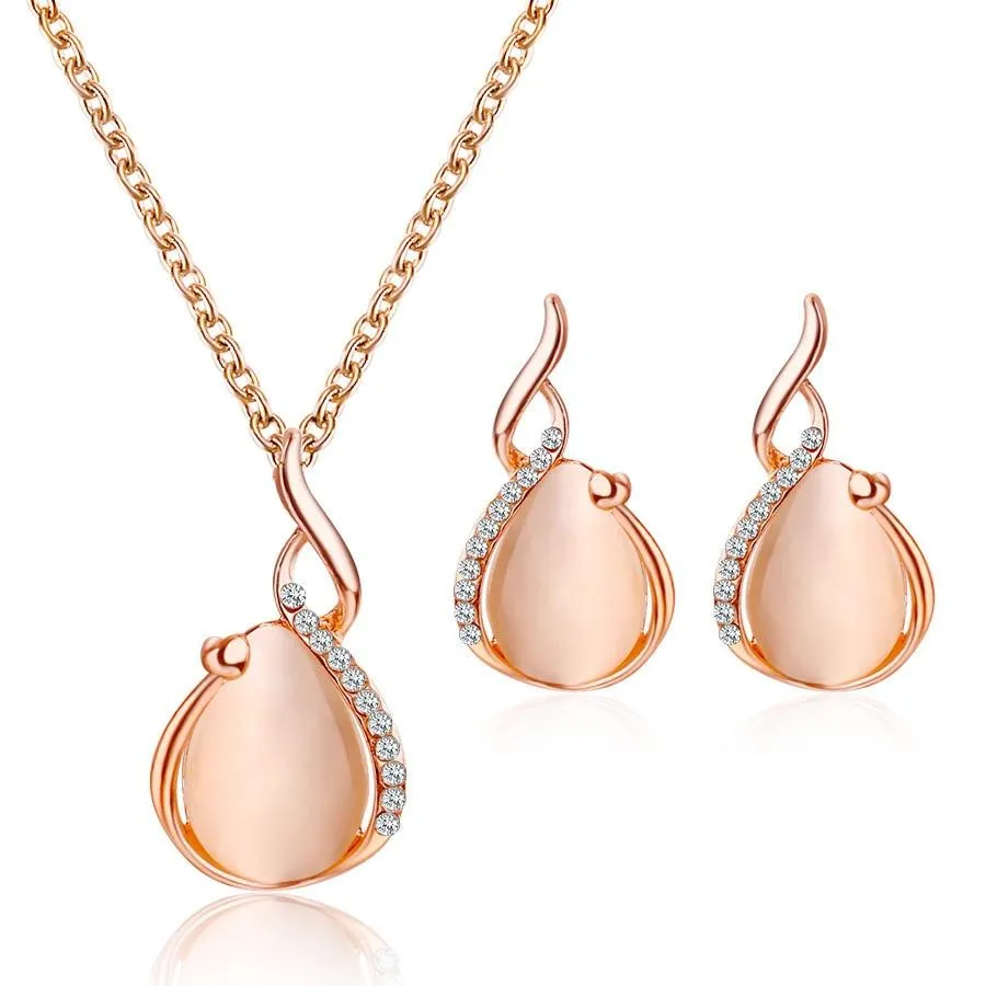 Women Elegant Waterdrop Rhinestone Pendant Necklace Earrings Set