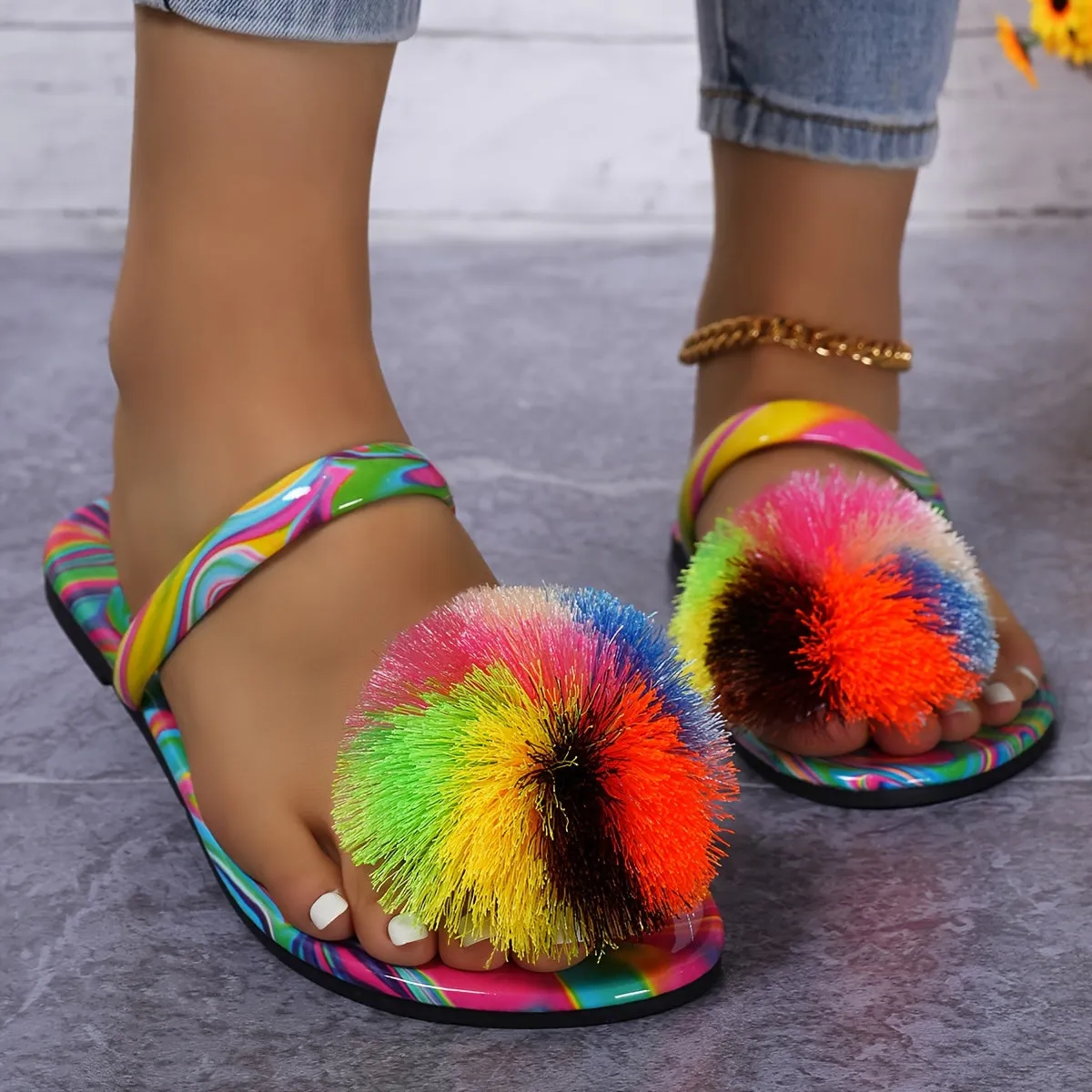 Women's Colorful Stylish Slides, Rainbow Stripe Flat Sandals