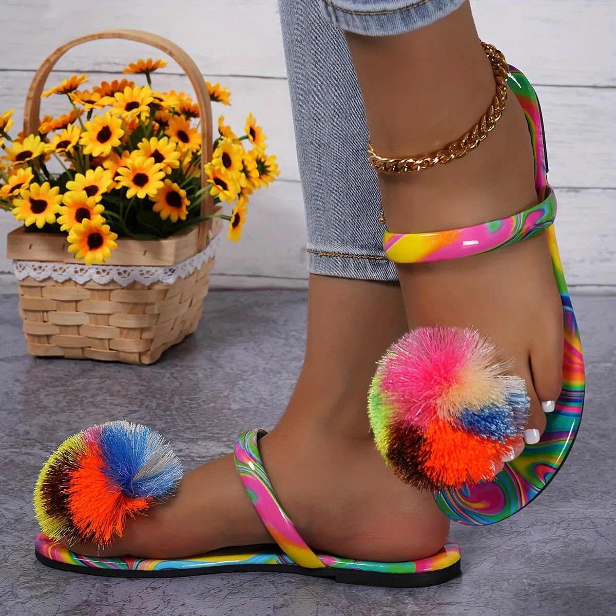 Women's Colorful Stylish Slides, Rainbow Stripe Flat Sandals