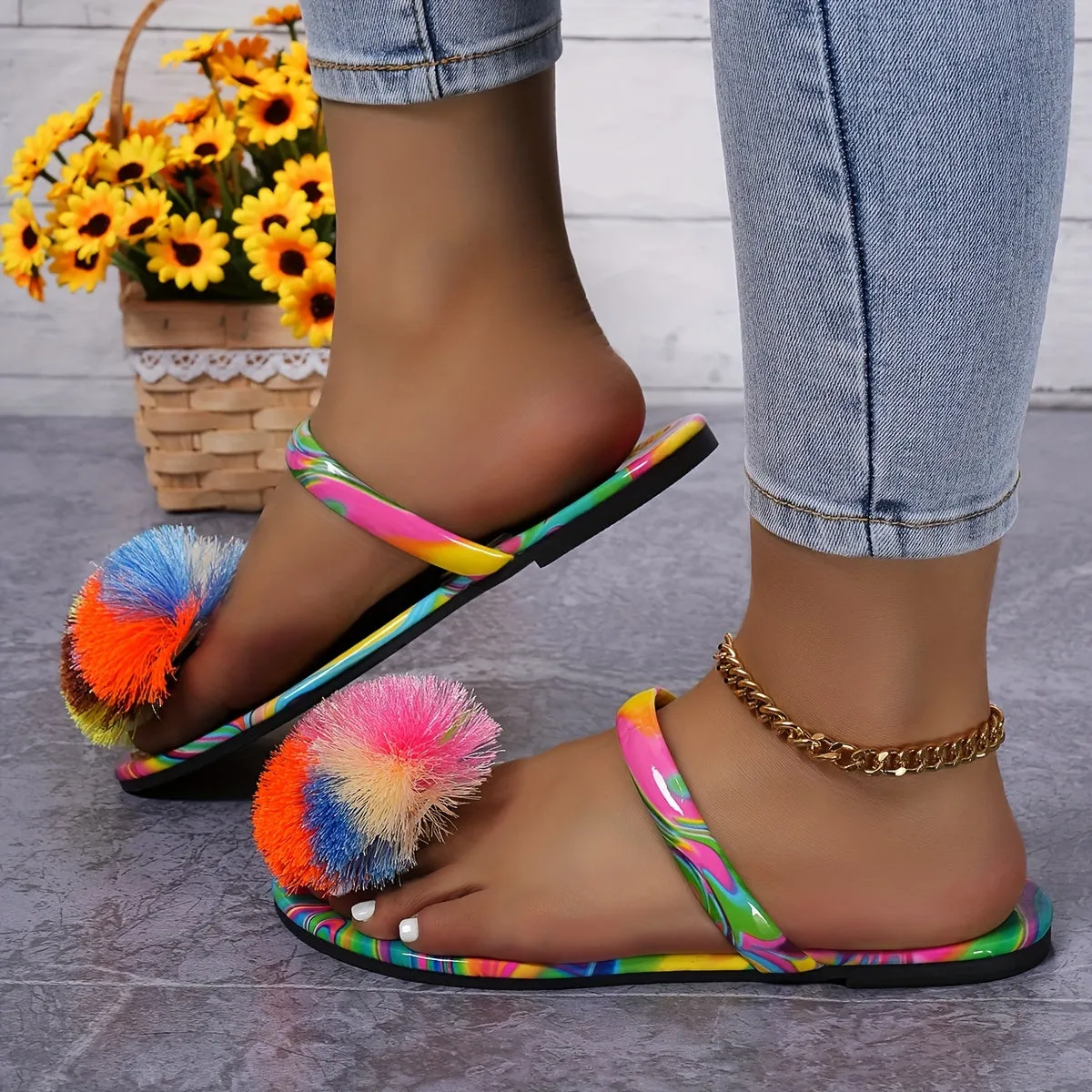 Women's Colorful Stylish Slides, Rainbow Stripe Flat Sandals