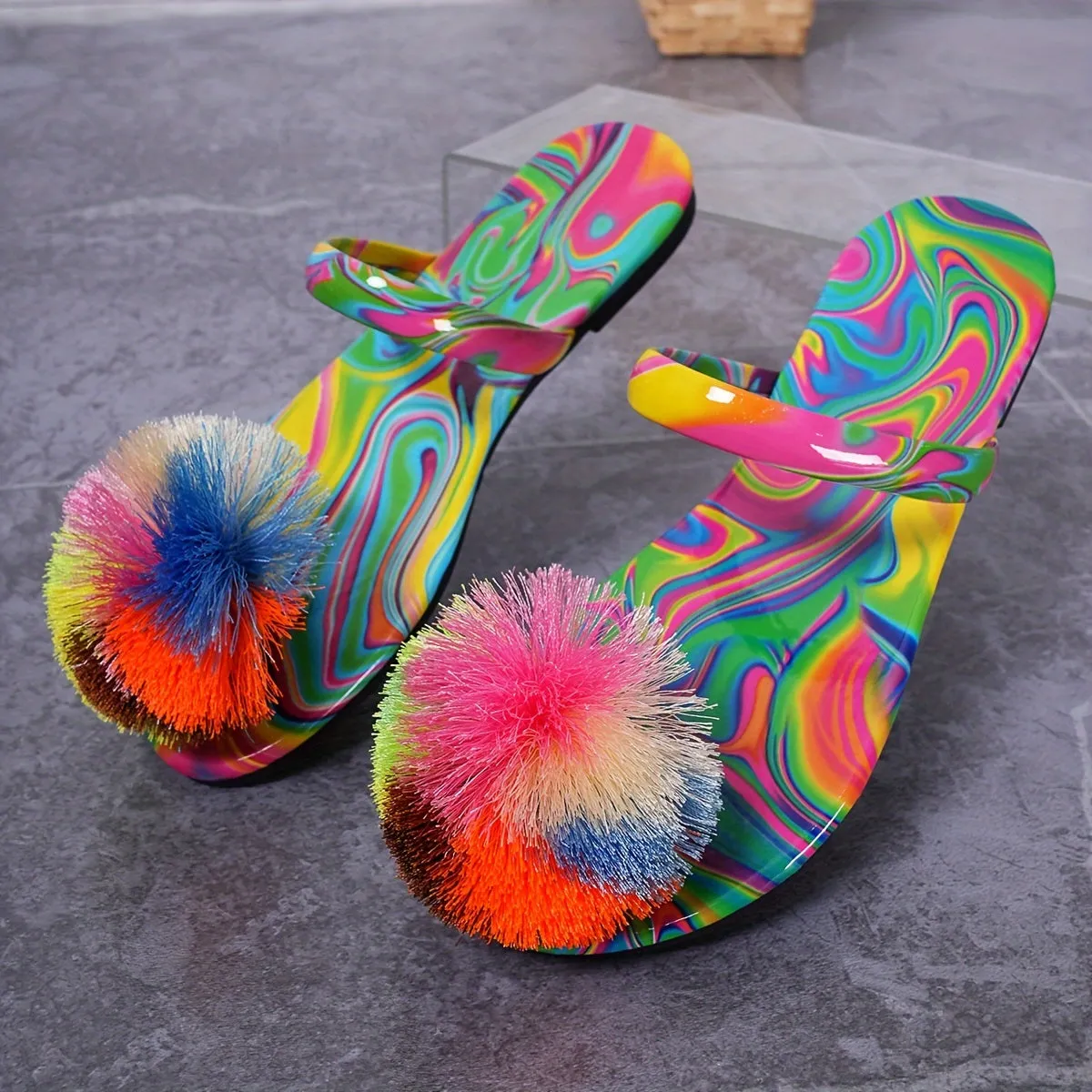 Women's Colorful Stylish Slides, Rainbow Stripe Flat Sandals