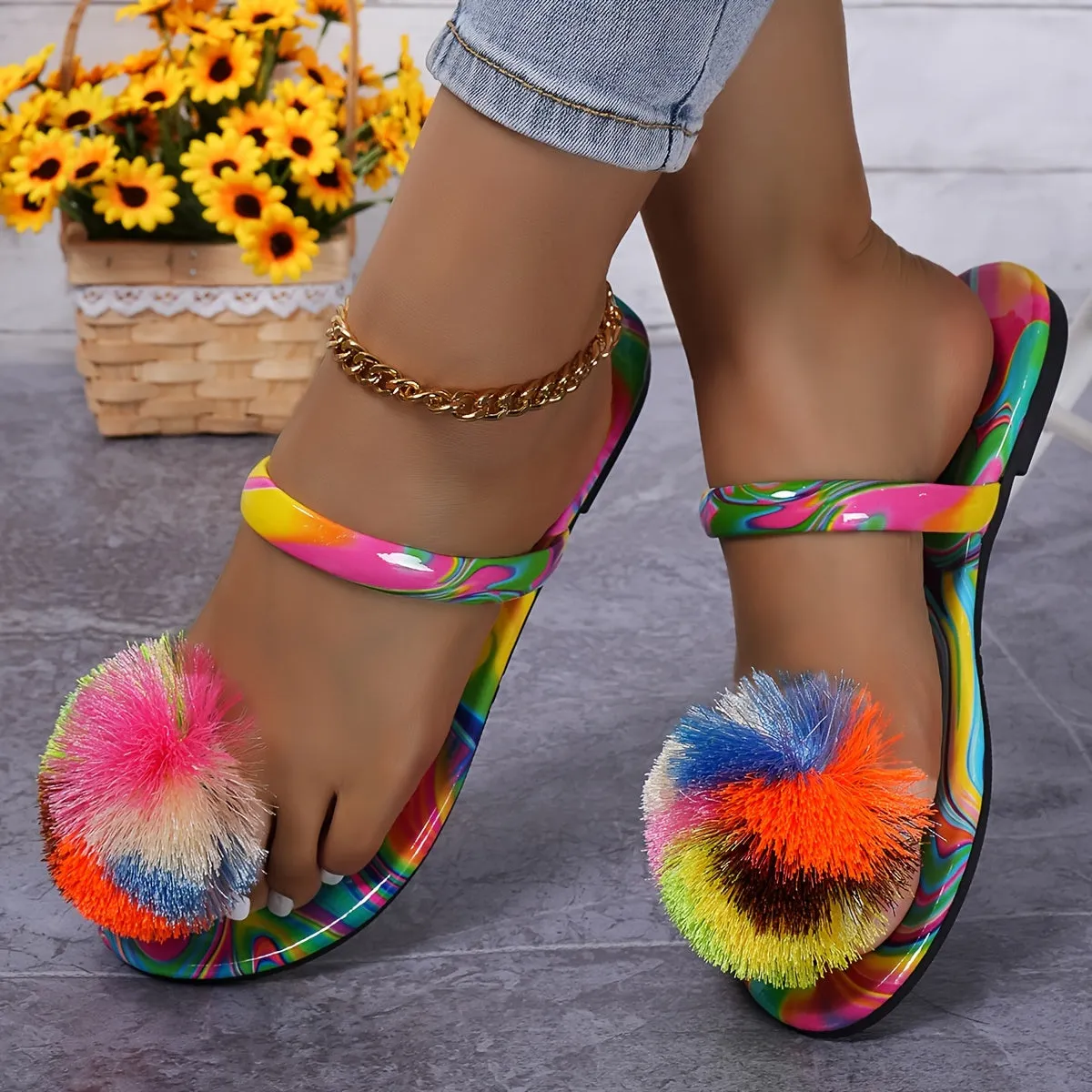 Women's Colorful Stylish Slides, Rainbow Stripe Flat Sandals