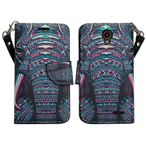 ZTE Prestige Case | ZTE Sonata 3 | ZTE Avid Plus | ZTE Avid Trio Pu Leather Magnetic Flip Fold[Kickstand] Wrist Strap Wallet Case with ID & Card Slots for ZTE Prestige/Sonata3/Avid/Avid Plus - Tribal Elephant